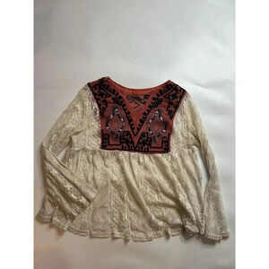 Cato Top Womens Small Casablanca Embroidered Lace Sheer Blouse Bohemian Cowgirl